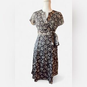 Talbots Petites 100 percent silk Brown Floral Wrap Dress Size 2P Midi Tie Waist